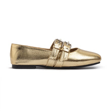 Double Belt Flat Mary Janes Pebbled Metallic