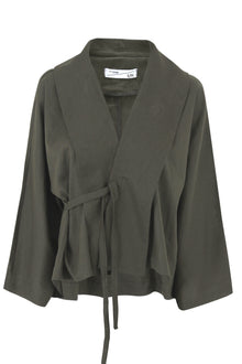 Olive Green Flow Fringe Linen Wrap Blouse