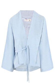 Light Blue Flow Fringe Linen Wrap Blouse