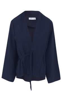Navy Blue Flow Fringe Linen Wrap Blouse