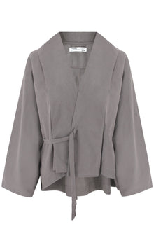 Grey Flow Fringe Linen Wrap Blouse