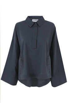 Navy Blue Linen Half V Shirt