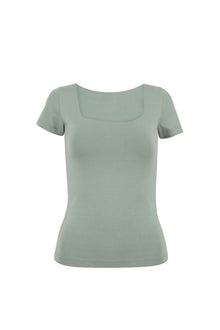 Olive Square Neck Short Sleeves Top