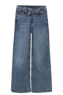 Mid Blue Crossed Waist Wide Leg Jeans