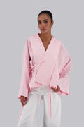 Pink Flow Fringe Linen Wrap Blouse