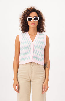 Zigzag Print Button Cropped Cardigan Vest