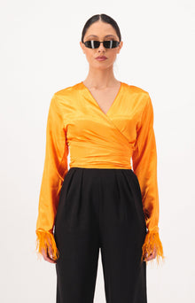Feather Detail Tie Satin Blouse
