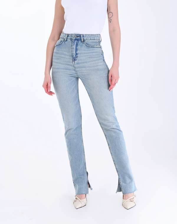 Light Blue Faded Classic Jeans With Slits