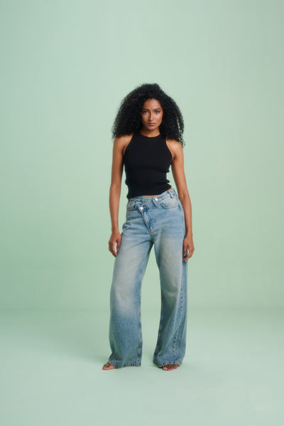 Light Blue Tint Crossed Waist Wide Leg Jeans