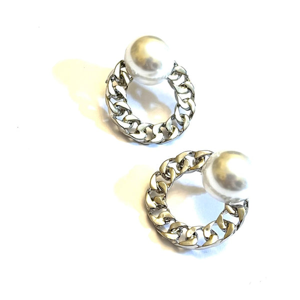 Silver Link Chain with Pearl Earrings