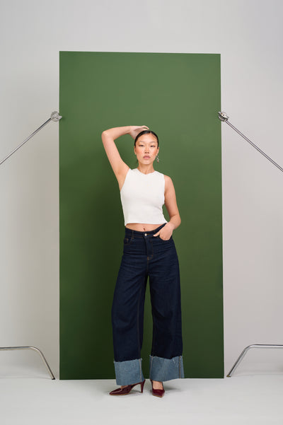 Raw Blue Wide Leg Contrast Cuff Jeans