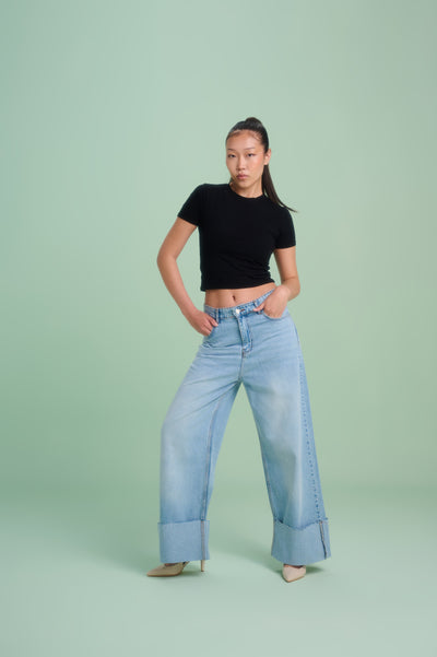 Light Blue Wide Leg Contrast Cuff Jeans
