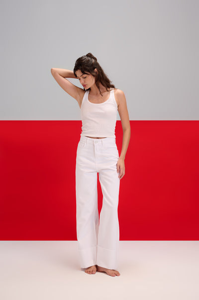 White Wide Leg Contrast Cuff Jeans