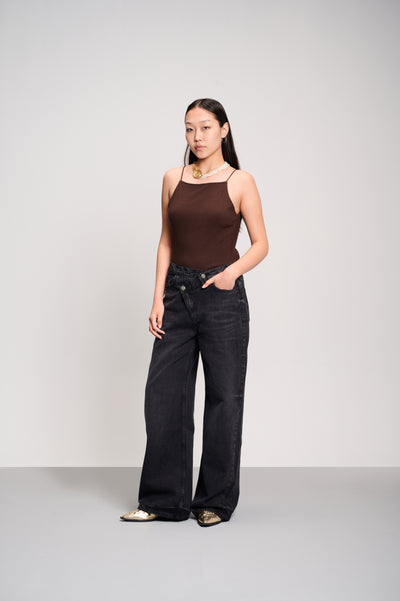 Dark Grey Crossed Waist Wide Leg Jeans