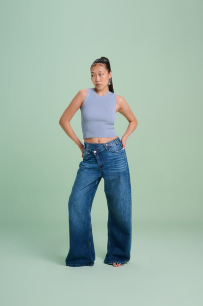 Mid Blue Crossed Waist Wide Leg Jeans