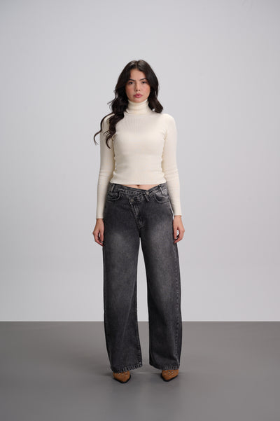 Grey Acid Wash Crossed Waist Wide Leg Jeans