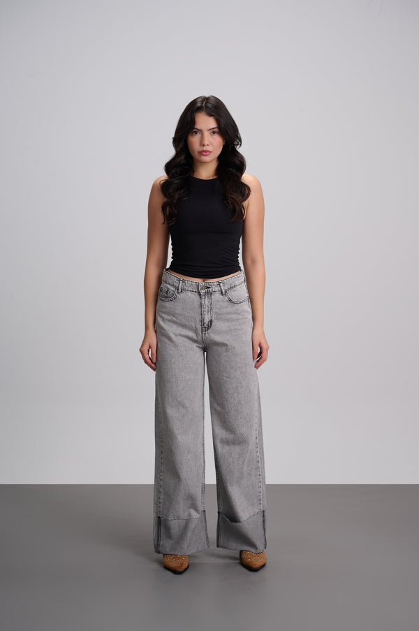Light Grey Wide Leg Contrast Cuff Jeans