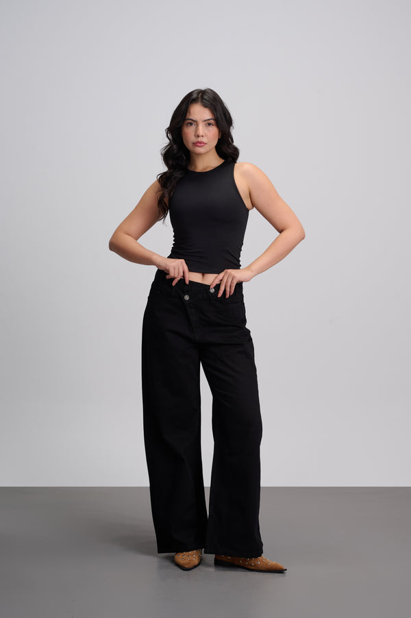 Black Crossed Waist Wide Leg Jeans