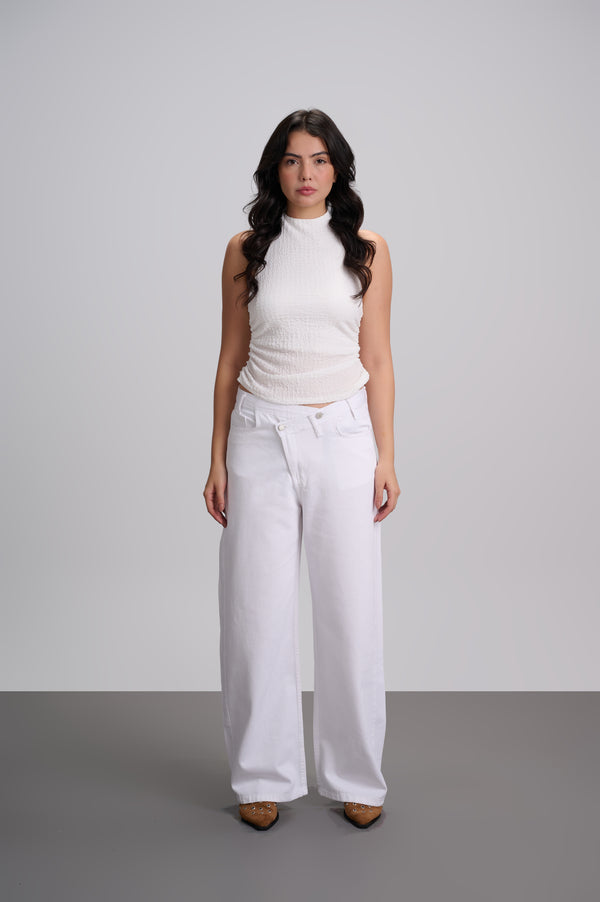 White Crossed Waist Wide Leg Jeans