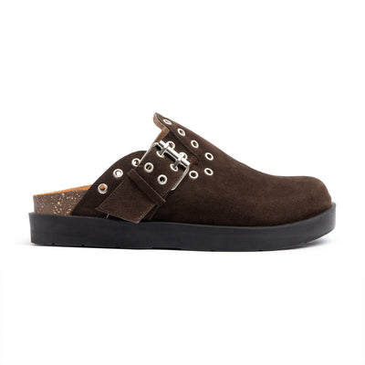 Brown Eyelet Suede Clogs