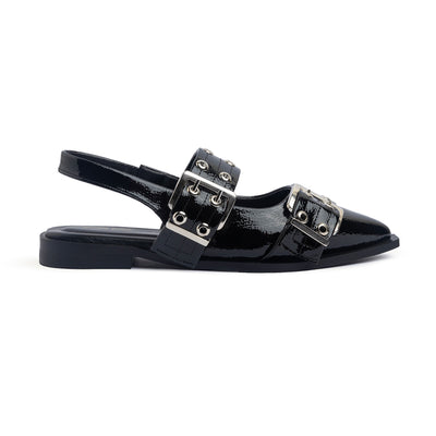 Double Buckle Slingback Flats Glazed Leather