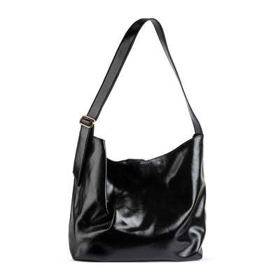 Nina Black Glazed Leather Shoulder Bag