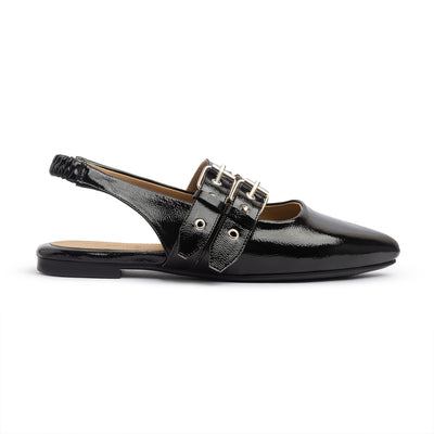 Double Belt Flat Slingbacks Glazed Leather