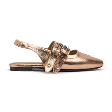 Double Belt Flat Slingbacks Pebbled Metallic