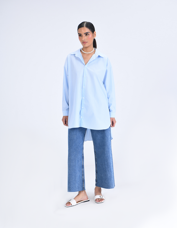 Baby Blue/White Striped Poplin Oversize Shirt