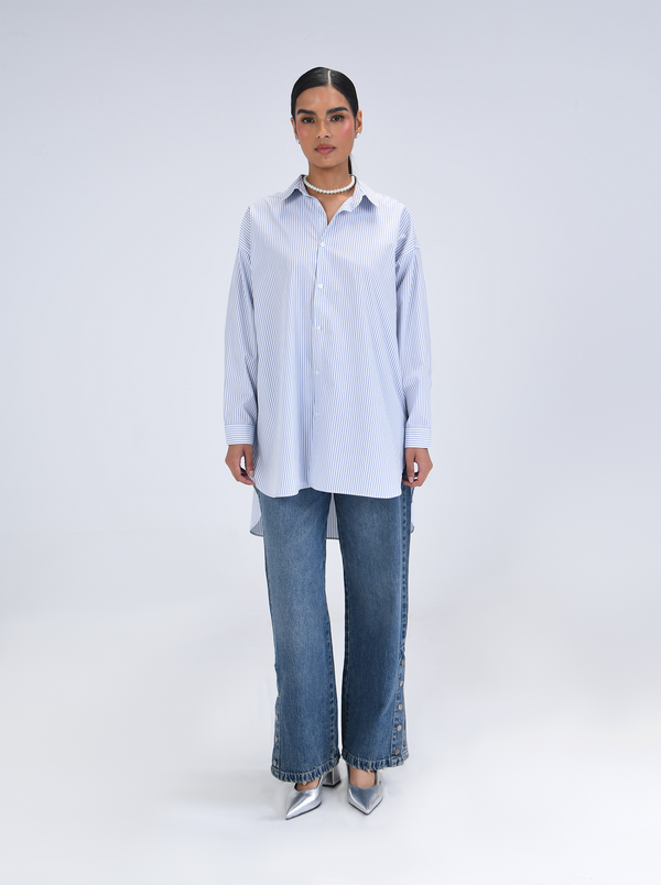 White/Blue Striped Poplin Oversize Shirt