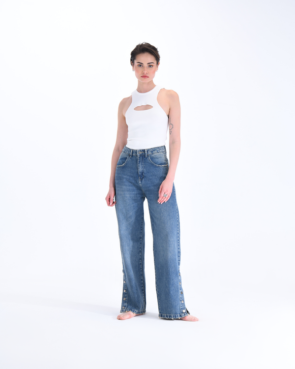 Blue Ankle Snap Straight Leg Jeans