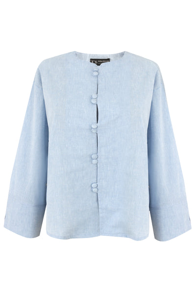 Light Blue Mandarin Button Up Linen Top