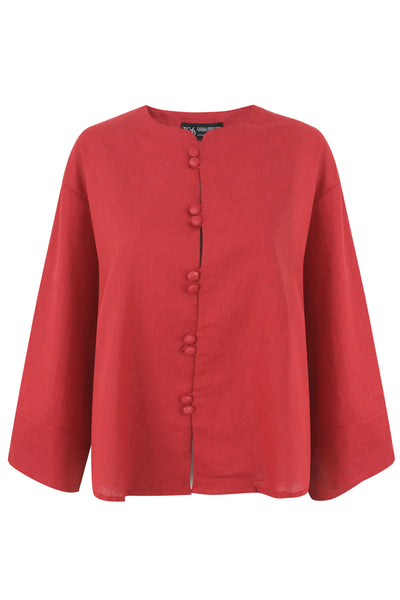 Red Mandarin Button Up Linen Top