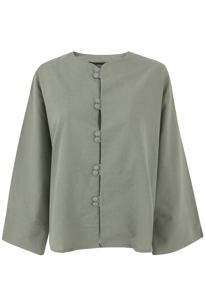 Khaki Green Mandarin Button Up Linen Top