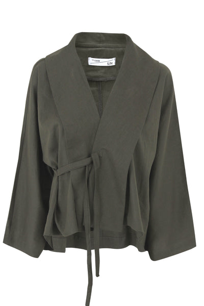 Olive Green Flow Fringe Linen Wrap Blouse