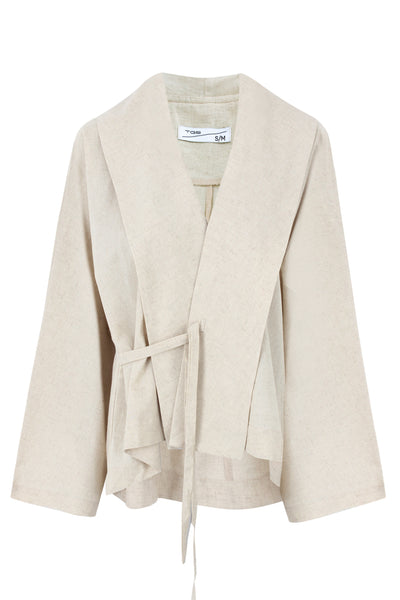 Light Beige Flow Fringe Linen Wrap Blouse
