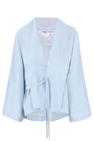 Light Blue Flow Fringe Linen Wrap Blouse