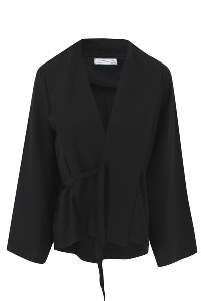 Black Flow Fringe Linen Wrap Blouse
