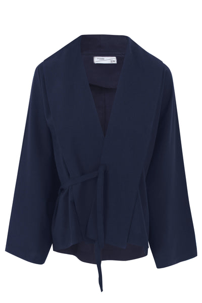 Navy Blue Flow Fringe Linen Wrap Blouse