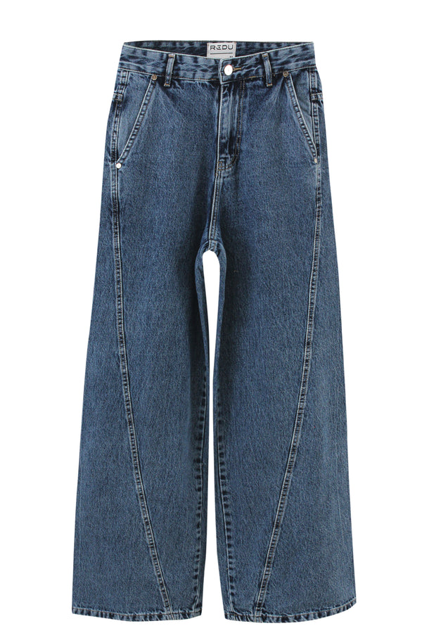 REDU Front Stitch Raw Baggy Jeans Blue