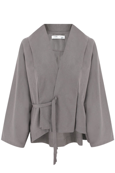 Grey Flow Fringe Linen Wrap Blouse