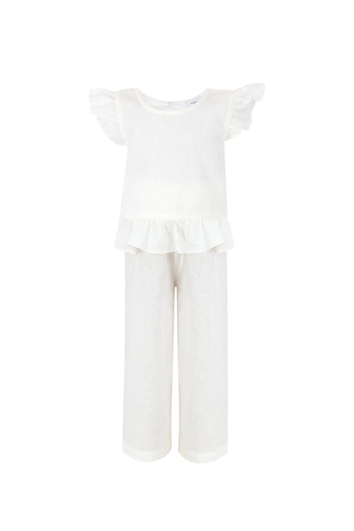 Off White Ruffle Linen Girls Set