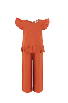 Dark Orange Ruffle Linen Girls Set