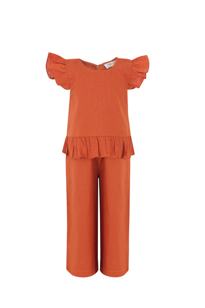 Dark Orange Ruffle Linen Girls Set