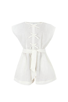 Off White Bow Linen Girls Jumpsuit