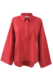 Red Linen Half V Shirt