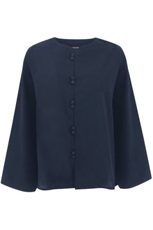 Navy Blue Mandarin Button Up Linen Top