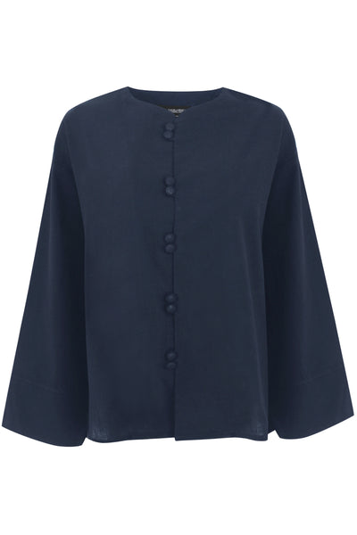 Navy Blue Mandarin Button Up Linen Top