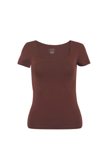 Brown Square Neck Short Sleeves Top