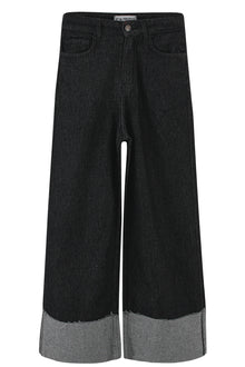Raw Black Wide Leg Contrast Cuff Jeans